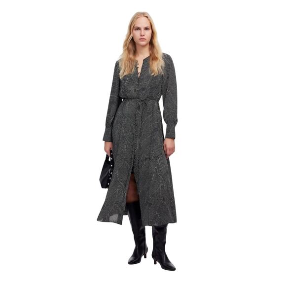 Madewell Black Dot Midi Dress XS Long Sleeve Tie Waist Work to Weekend - Picture 1 of 11